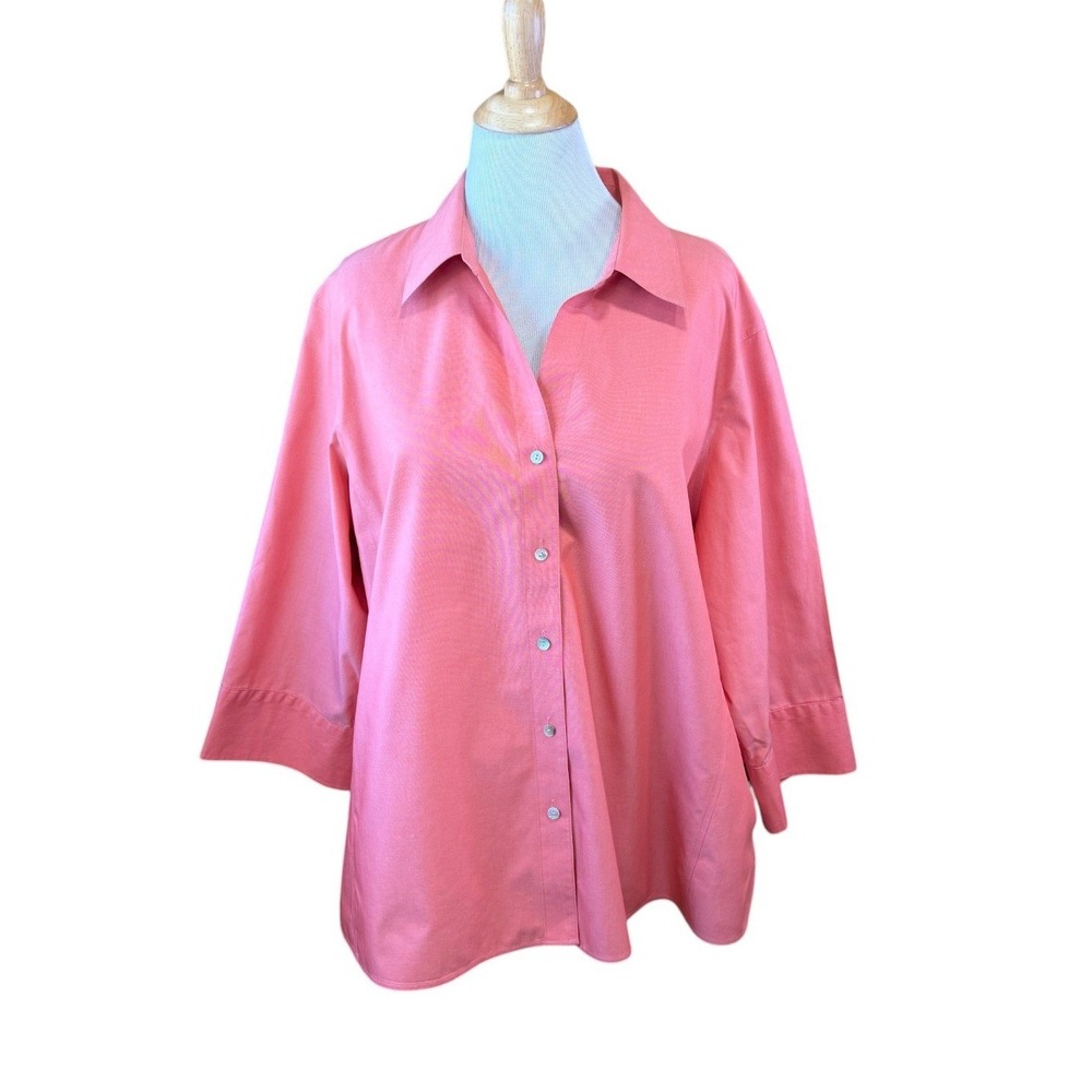 Foxcroft Coral Pink Non-Iron Shaped Fit 3/4 Sleeve Cotton Button Down Shirt 24W